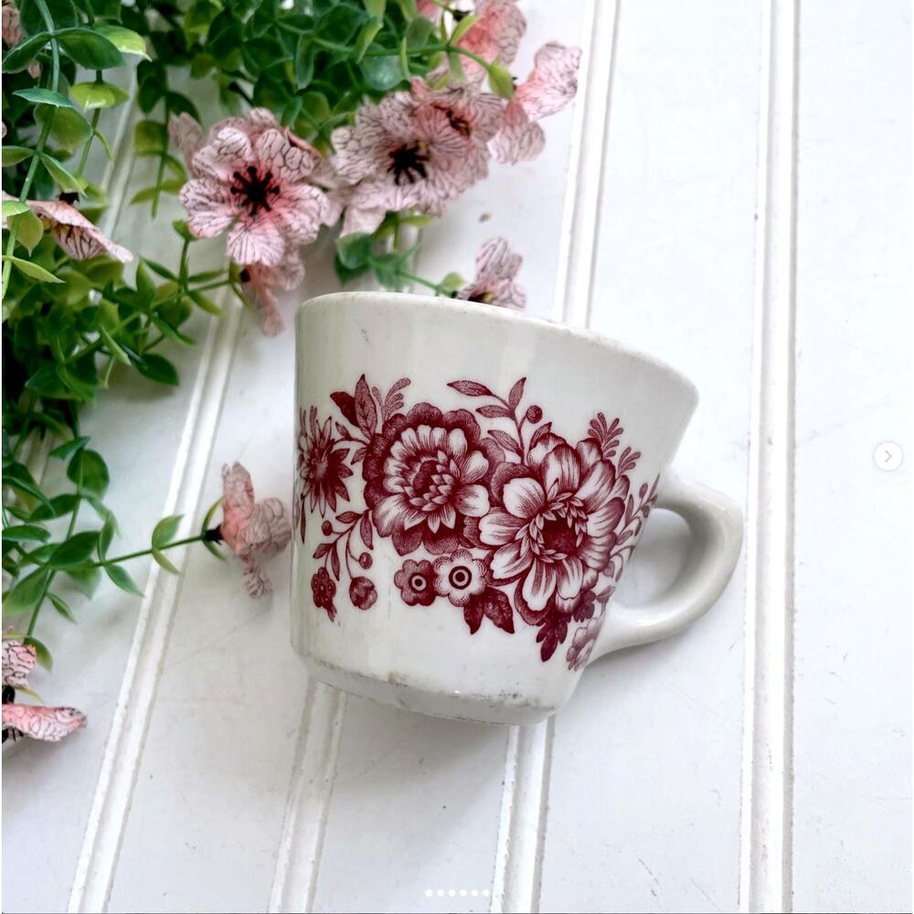 Vintage Floral Red Transferware Coffee Cup Carr China Co